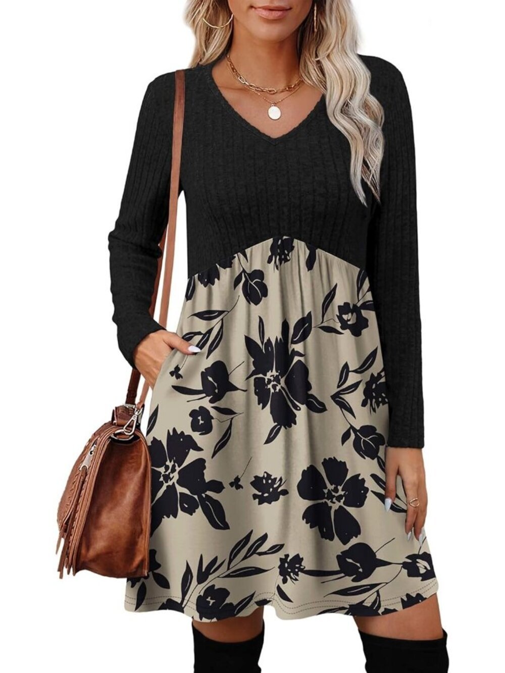Women's Black Floral Neck Empire Waist Baby Doll Long Casual Pocket Mini Dress - Picture 2 of 5